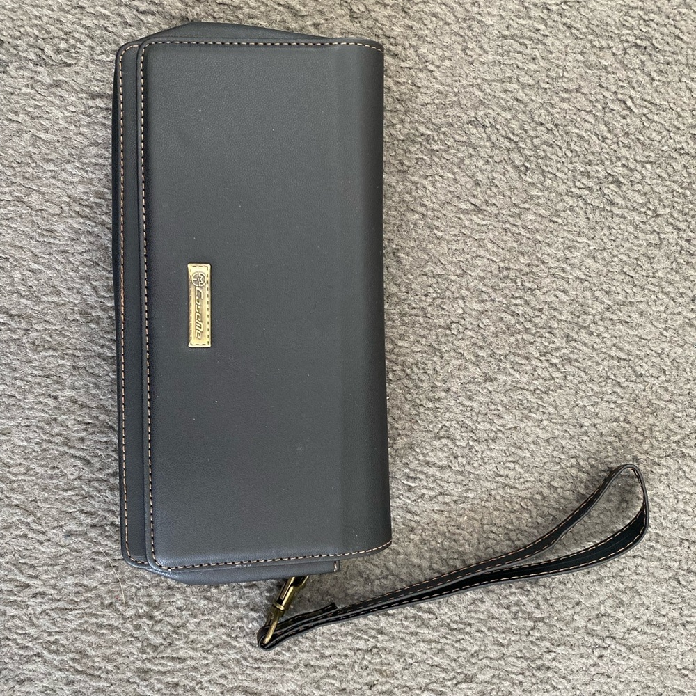NWOT Caseme Black Wristlet Wallet with Gold Plaque and crossbody detach strap